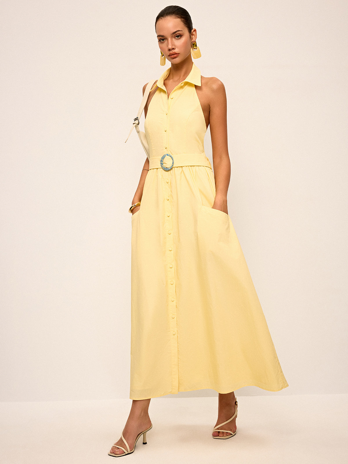 Halter Neck Backless Shirt Dress with Belt-Massicos