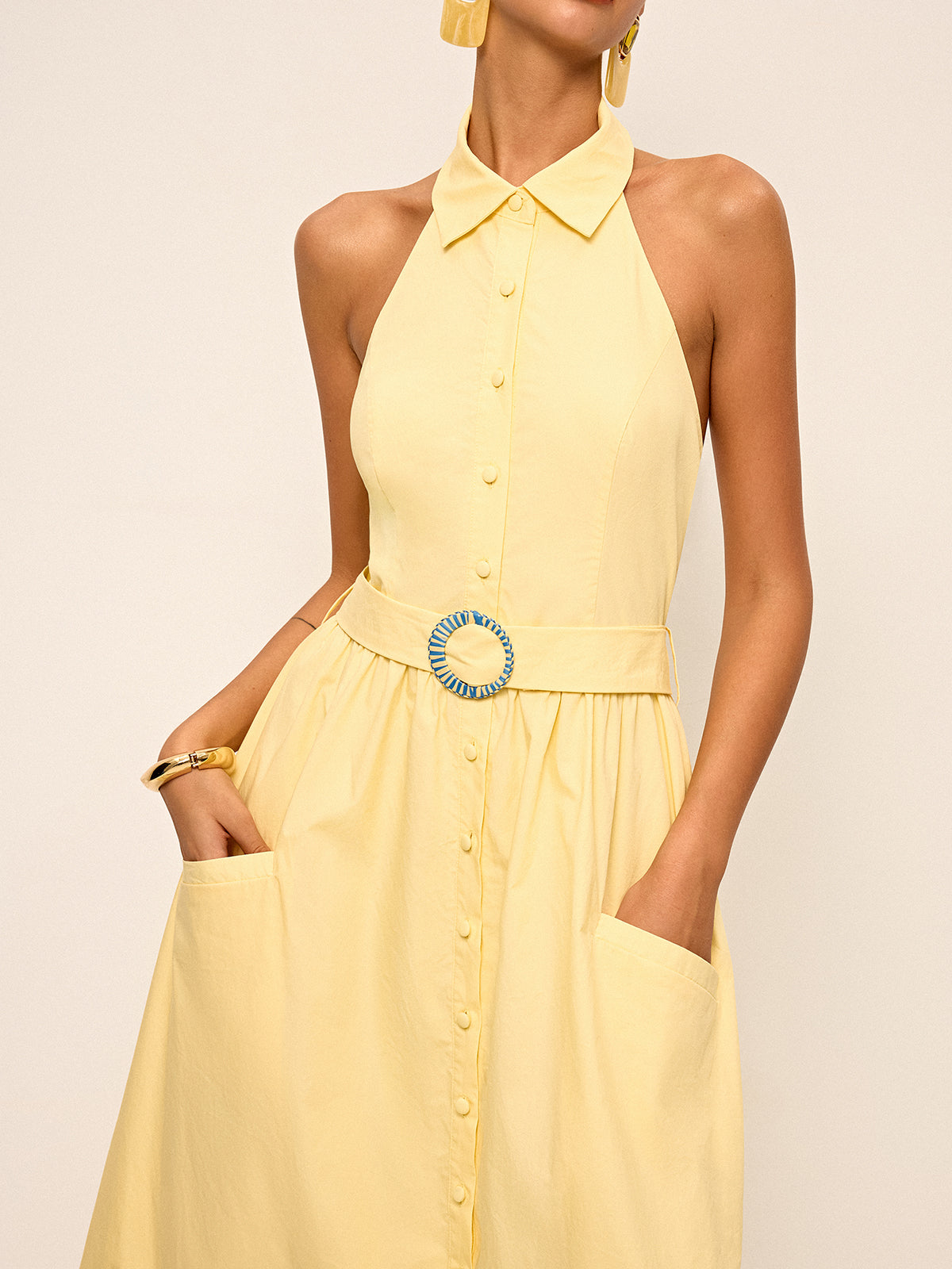 Halter Neck Backless Shirt Dress with Belt-Massicos