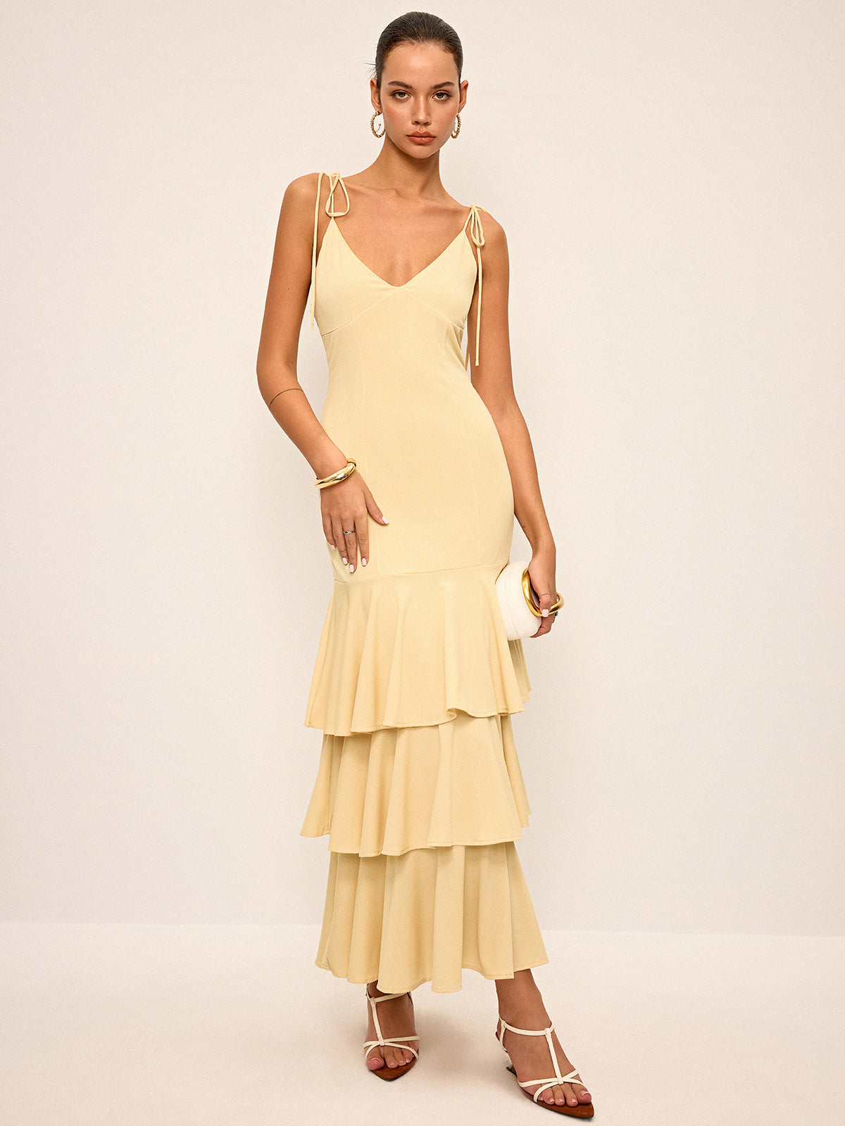 Tie-Strap Shoulder Tiered Maxi Dress-Massicos