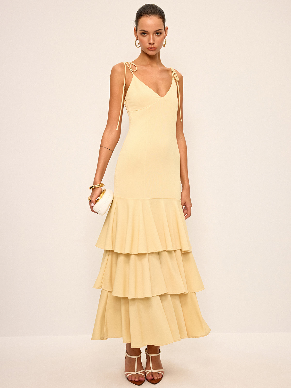 Tie-Strap Shoulder Tiered Maxi Dress-Massicos
