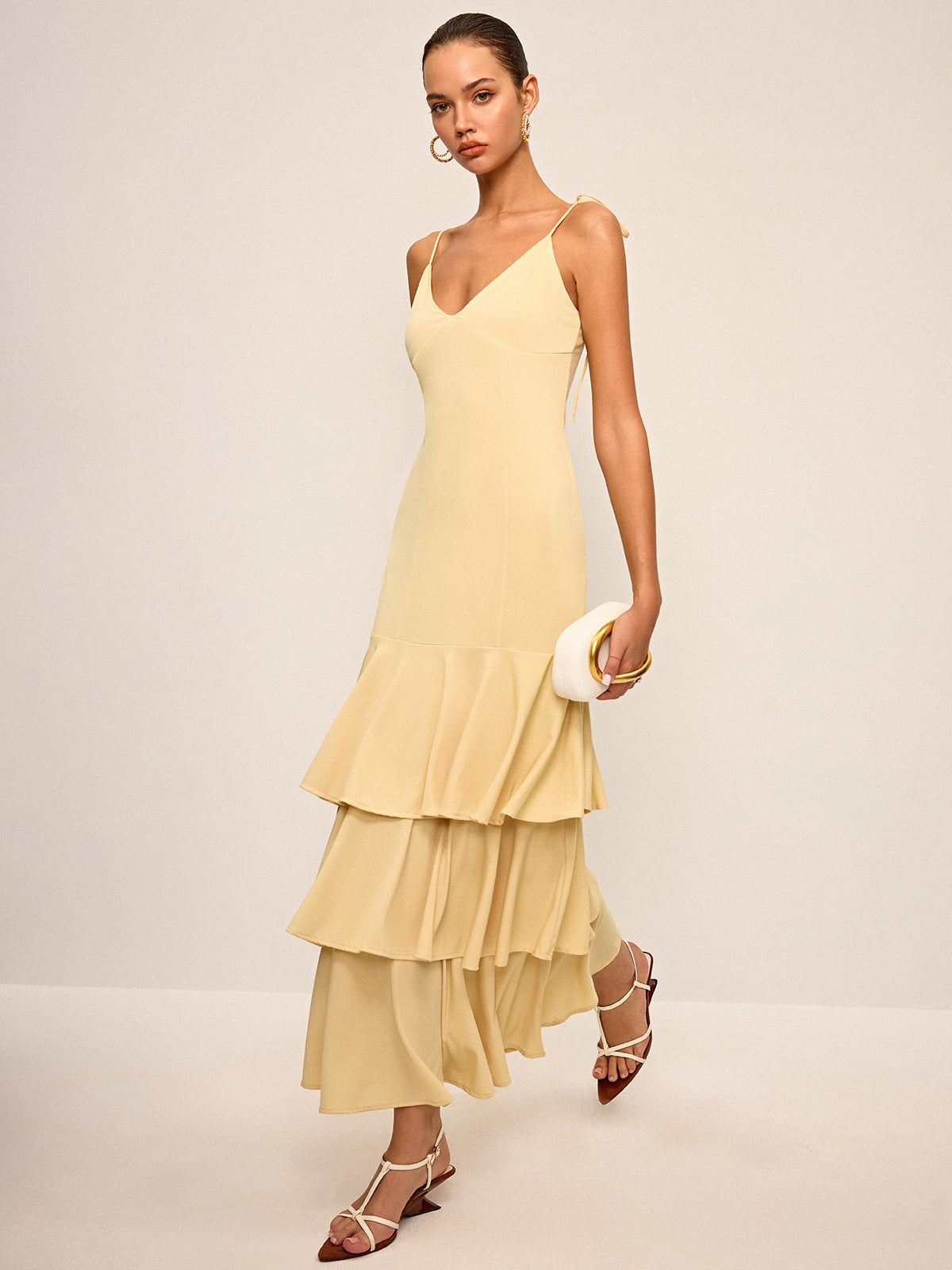 Tie-Strap Shoulder Tiered Maxi Dress-Massicos
