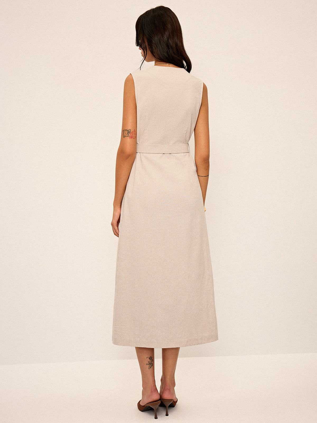 Cotton & Linen Blend V-Neck Belted Midi Dress-Massicos