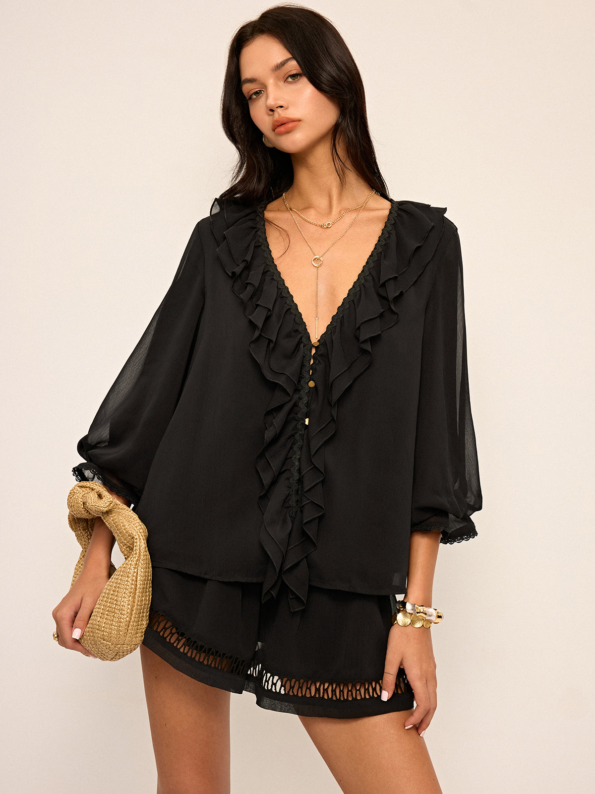 Ruffled Button Chiffon Top and Shorts Set-Massicos