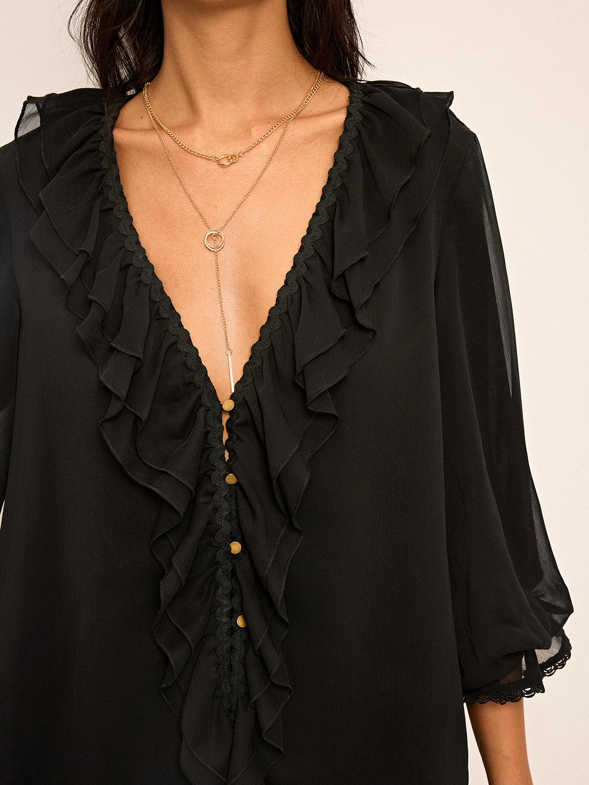 Ruffled Button Chiffon Top and Shorts Set-Massicos