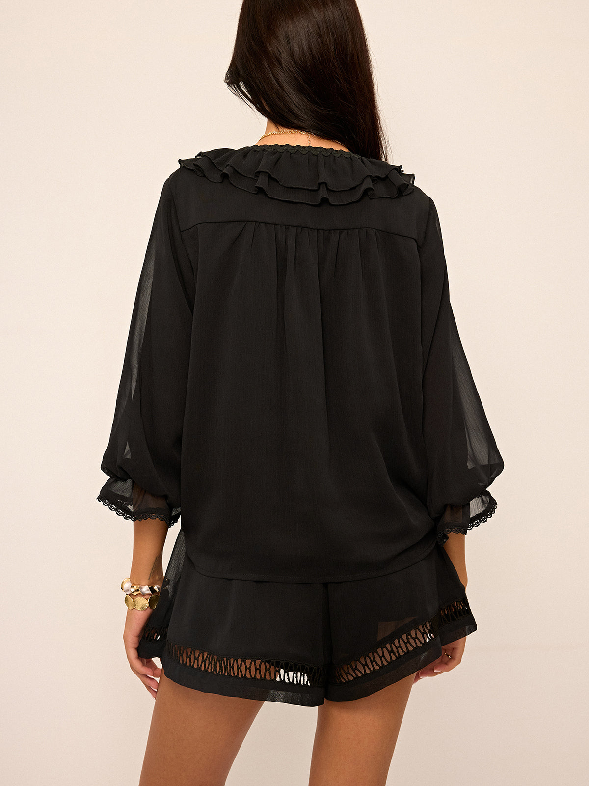Ruffled Button Chiffon Top and Shorts Set-Massicos