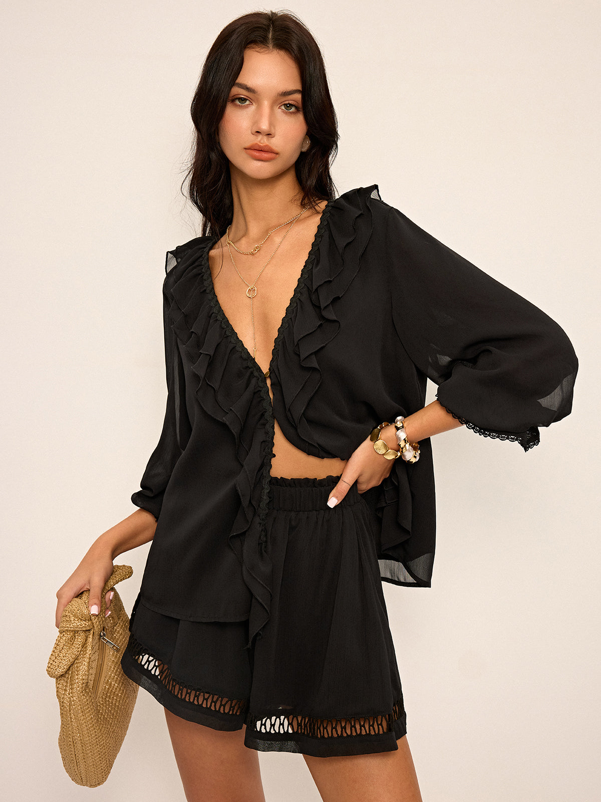 Ruffled Button Chiffon Top and Shorts Set-Massicos