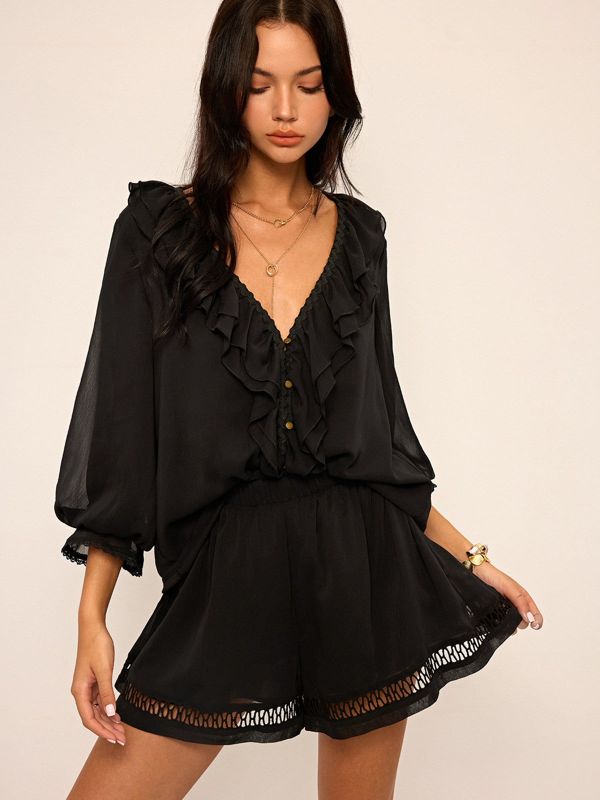 Ruffled Button Chiffon Top and Shorts Set-Massicos