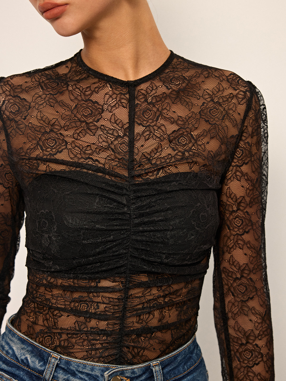 Semi-Sheer Lace Ruched Long Sleeve Top-Massicos