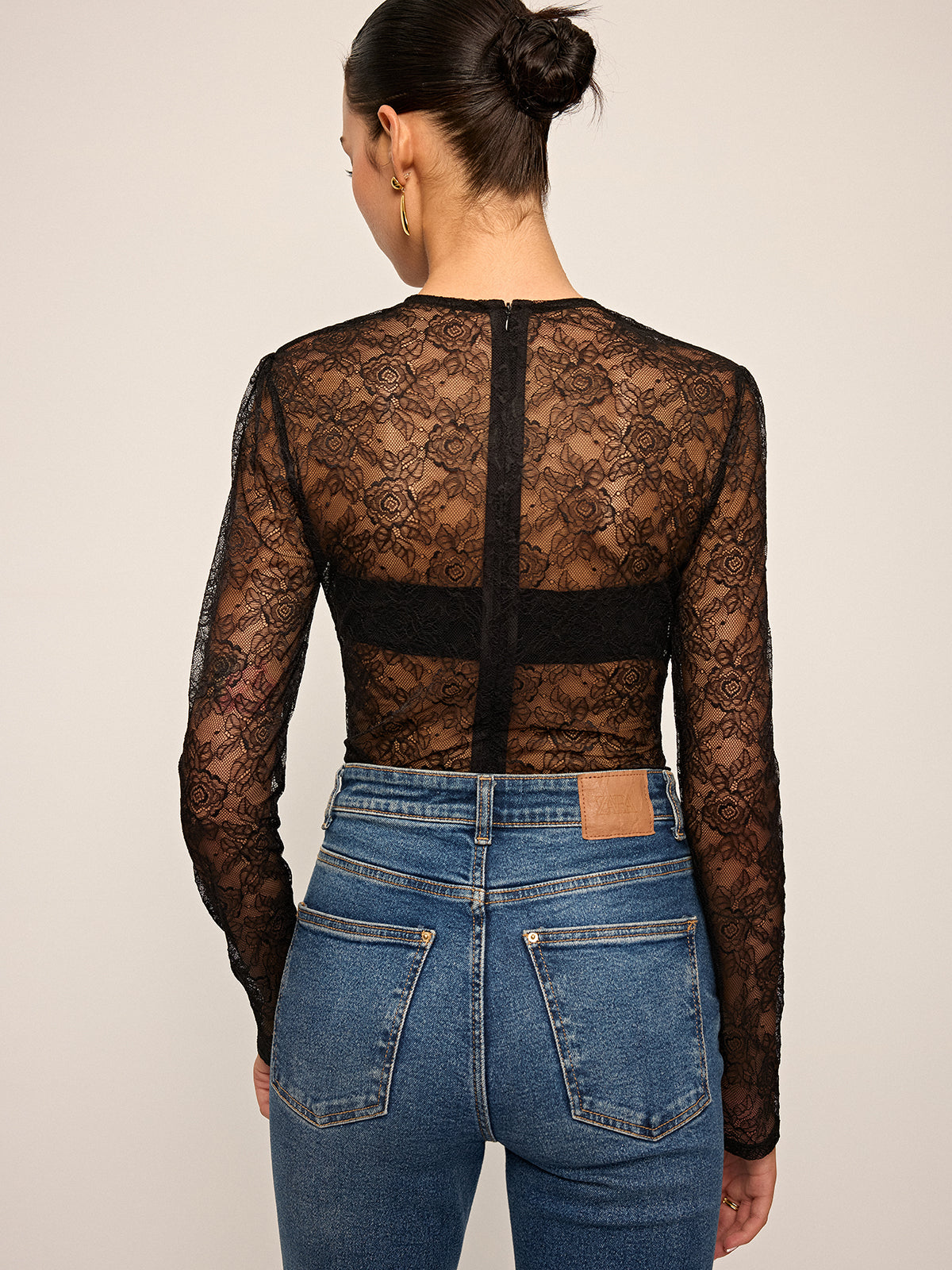 Semi-Sheer Lace Ruched Long Sleeve Top-Massicos