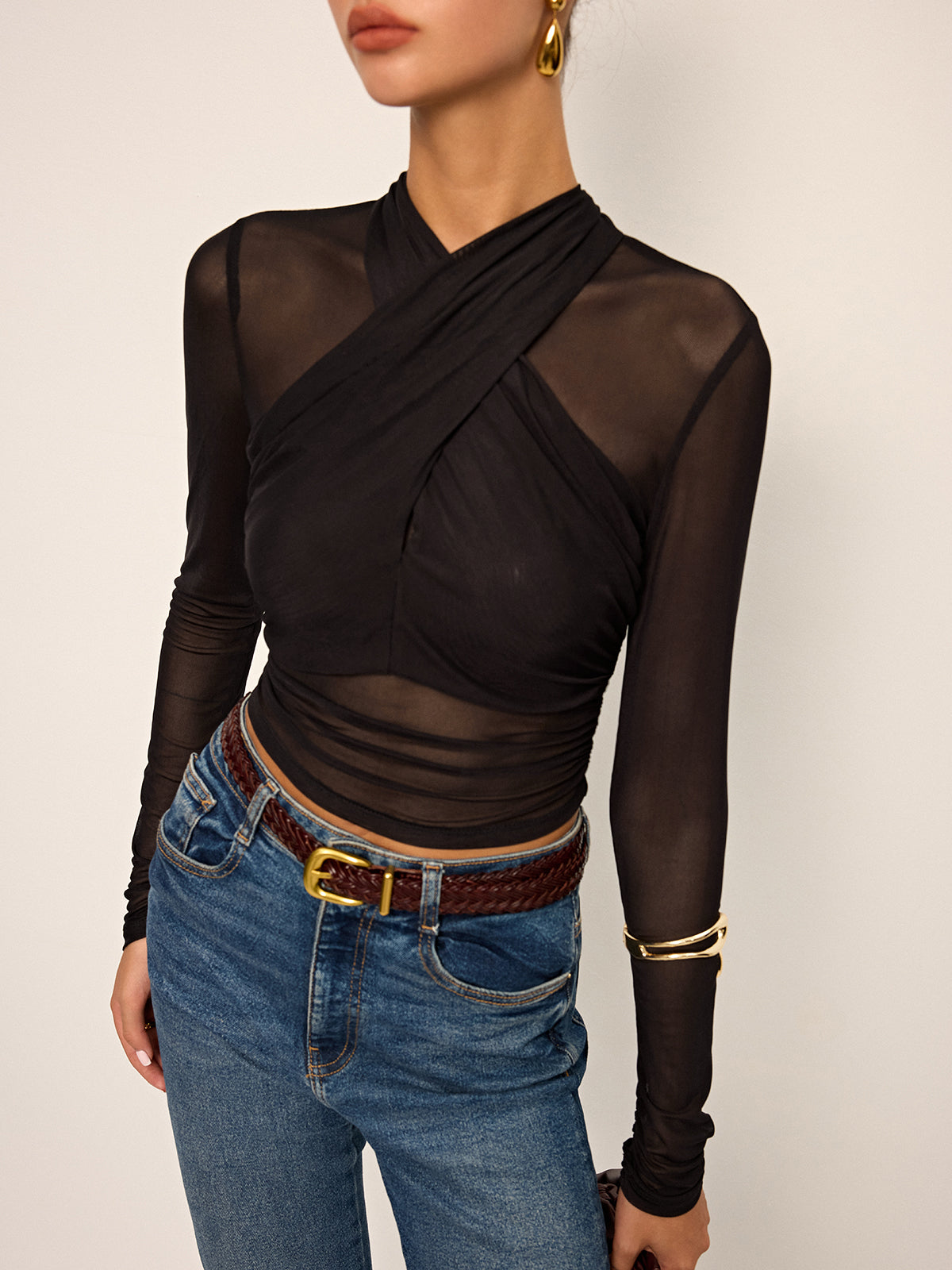 Semi-Sheer Mesh Cross-Front T-Shirt-Massicos