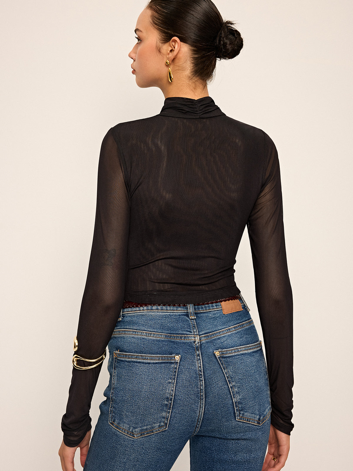 Semi-Sheer Mesh Cross-Front T-Shirt-Massicos