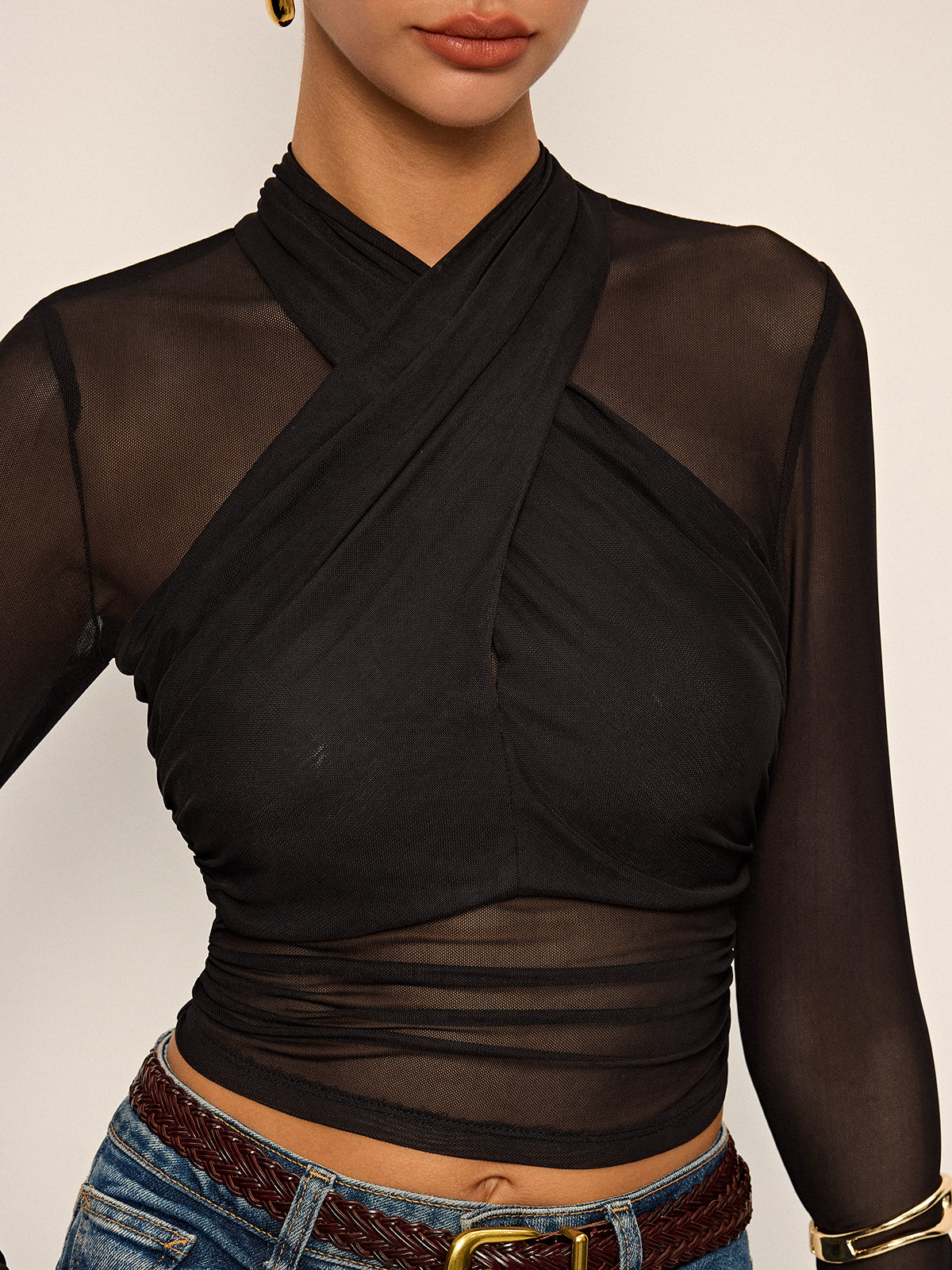 Semi-Sheer Mesh Cross-Front T-Shirt-Massicos