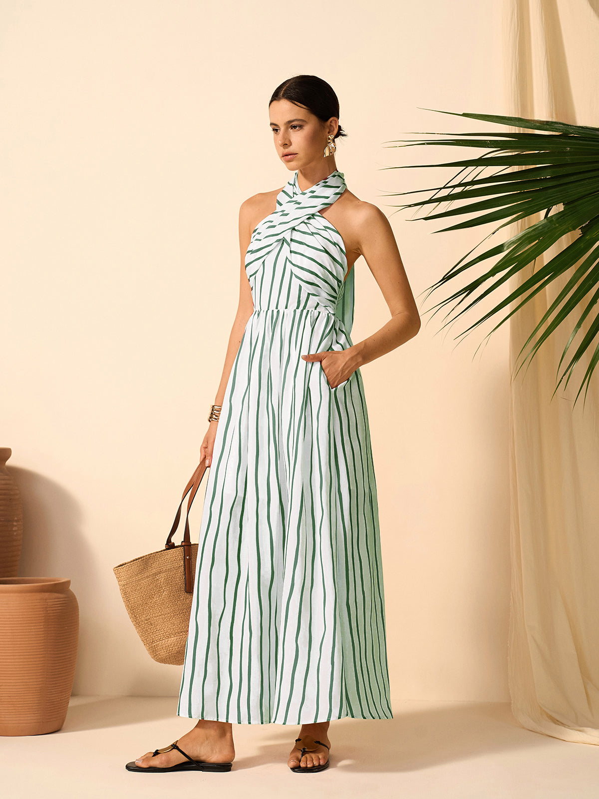 Striped Twist Halter Dress-Massicos