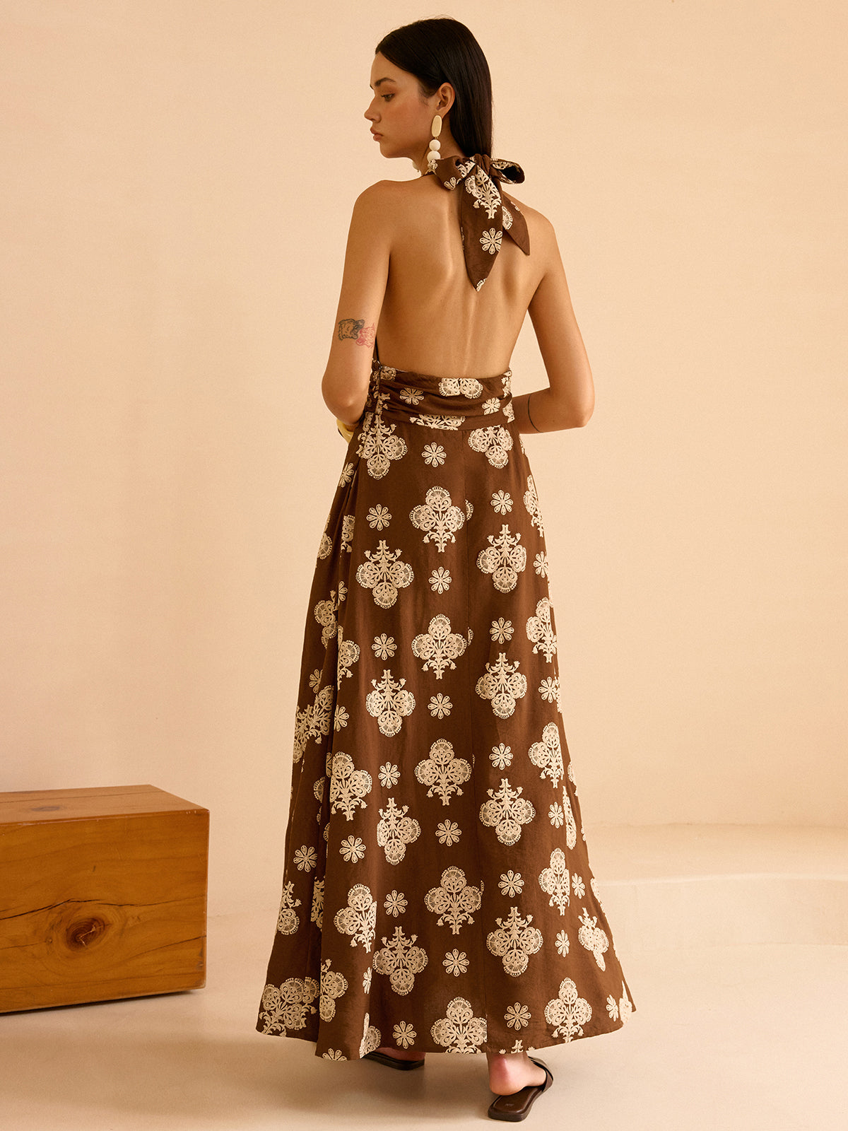 Floral Print Pocketed Halter Neck Maxi Dress-Massicos