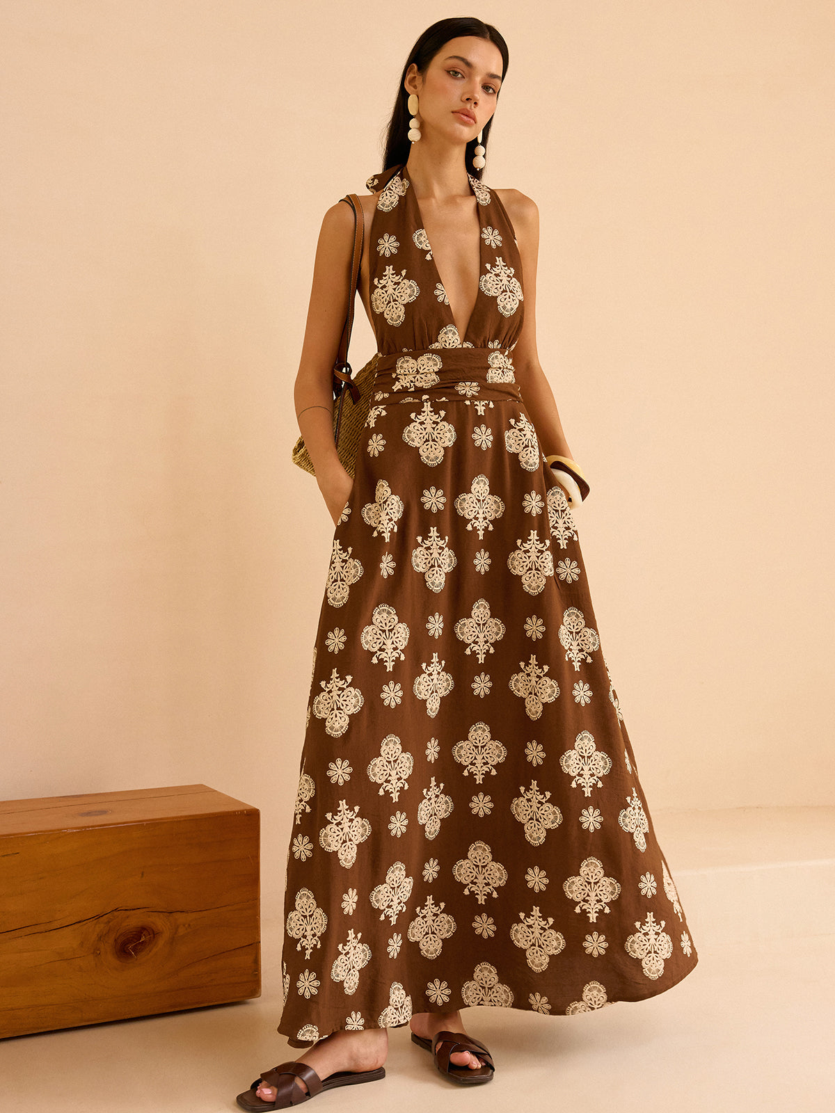 Floral Print Pocketed Halter Neck Maxi Dress-Massicos