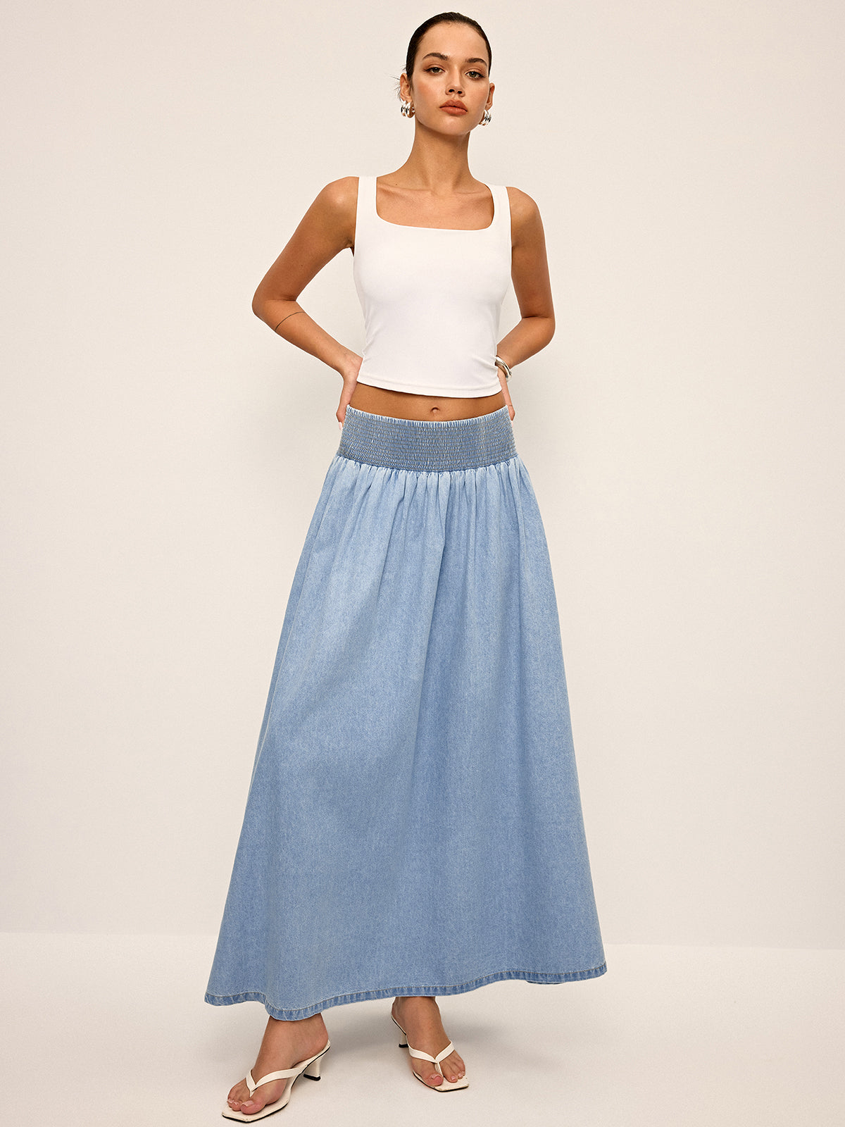 Smocked Waistband Denim Maxi Skirt-Massicos