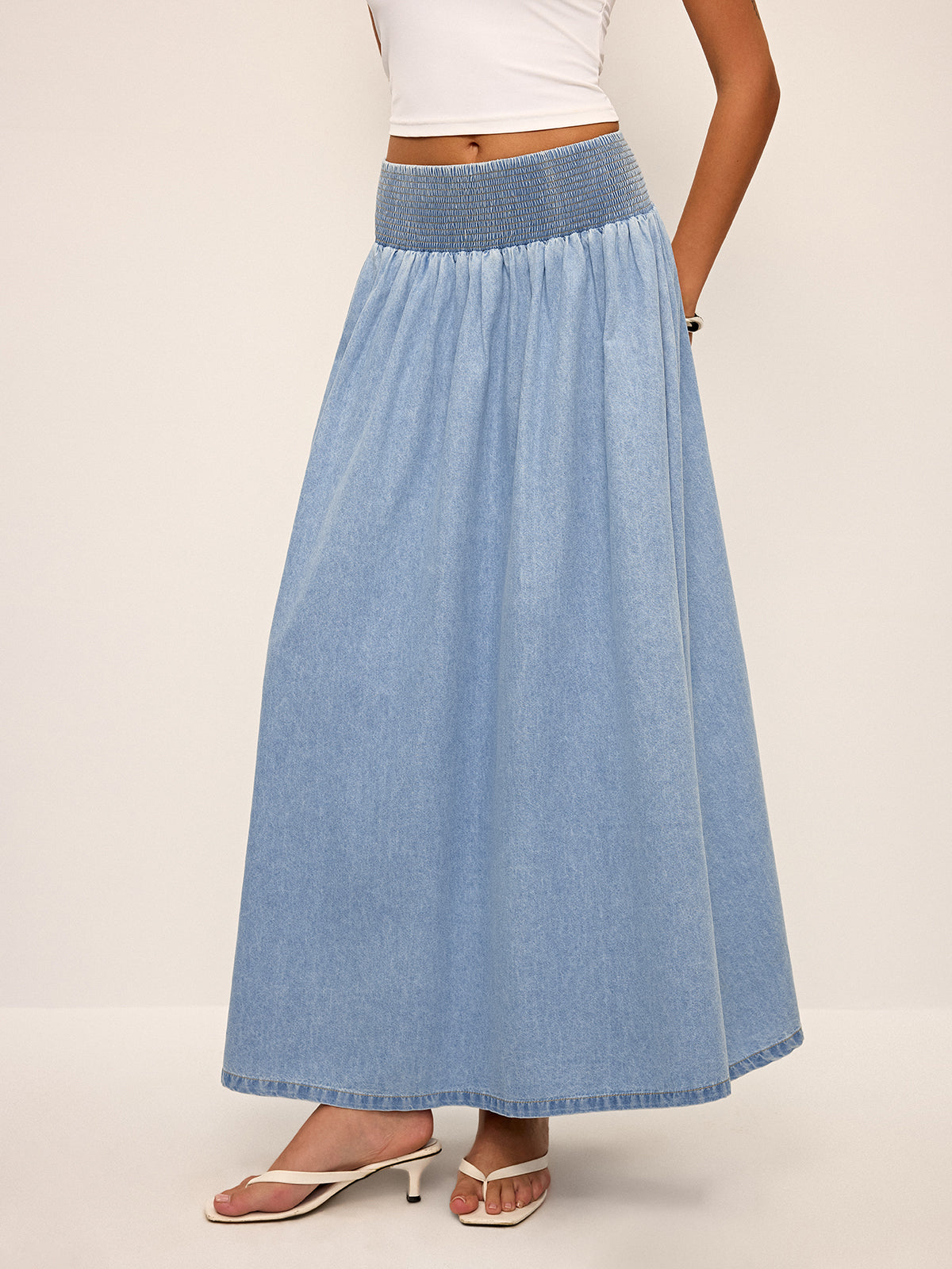 Smocked Waistband Denim Maxi Skirt-Massicos