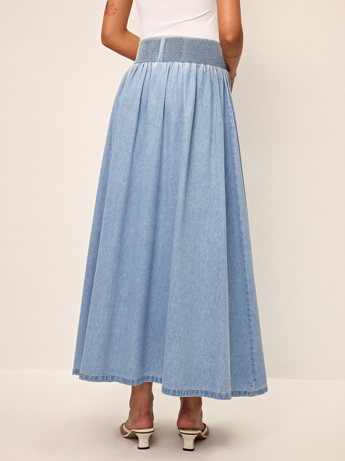 Smocked Waistband Denim Maxi Skirt-Massicos
