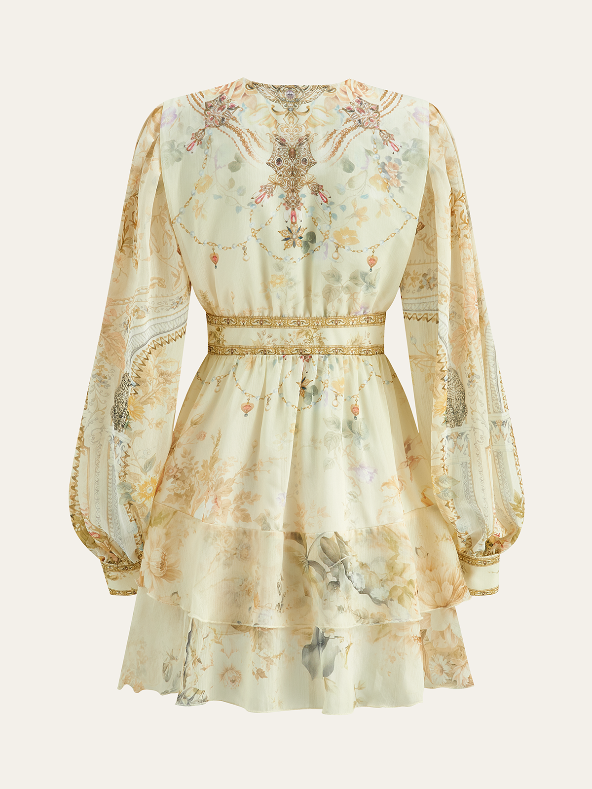 Semi-Sheer Chiffon Floral Printed Ruffled Mini Dress-Massicos