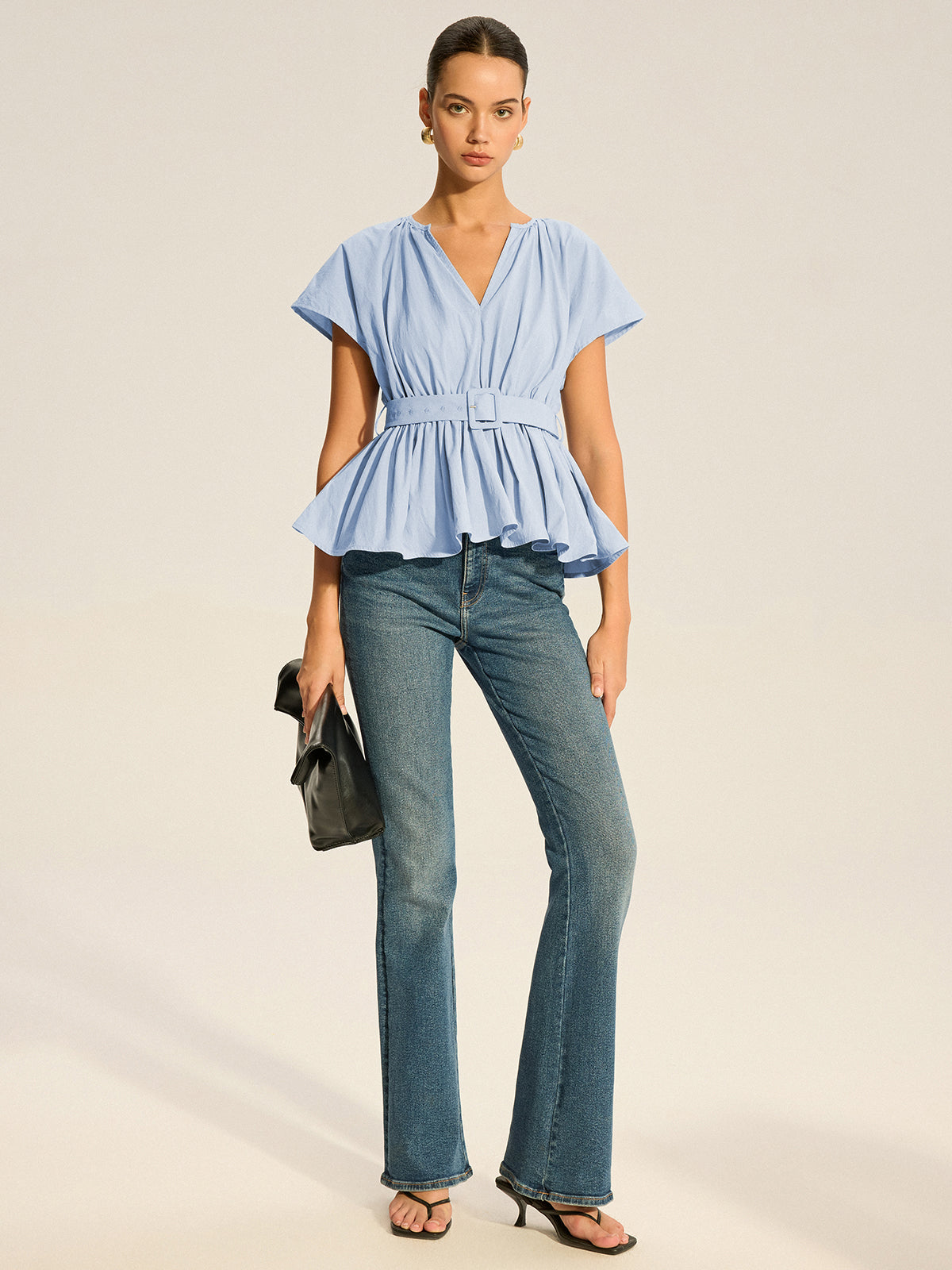 Belted V-Neck Pleated Peplum Top-Massicos