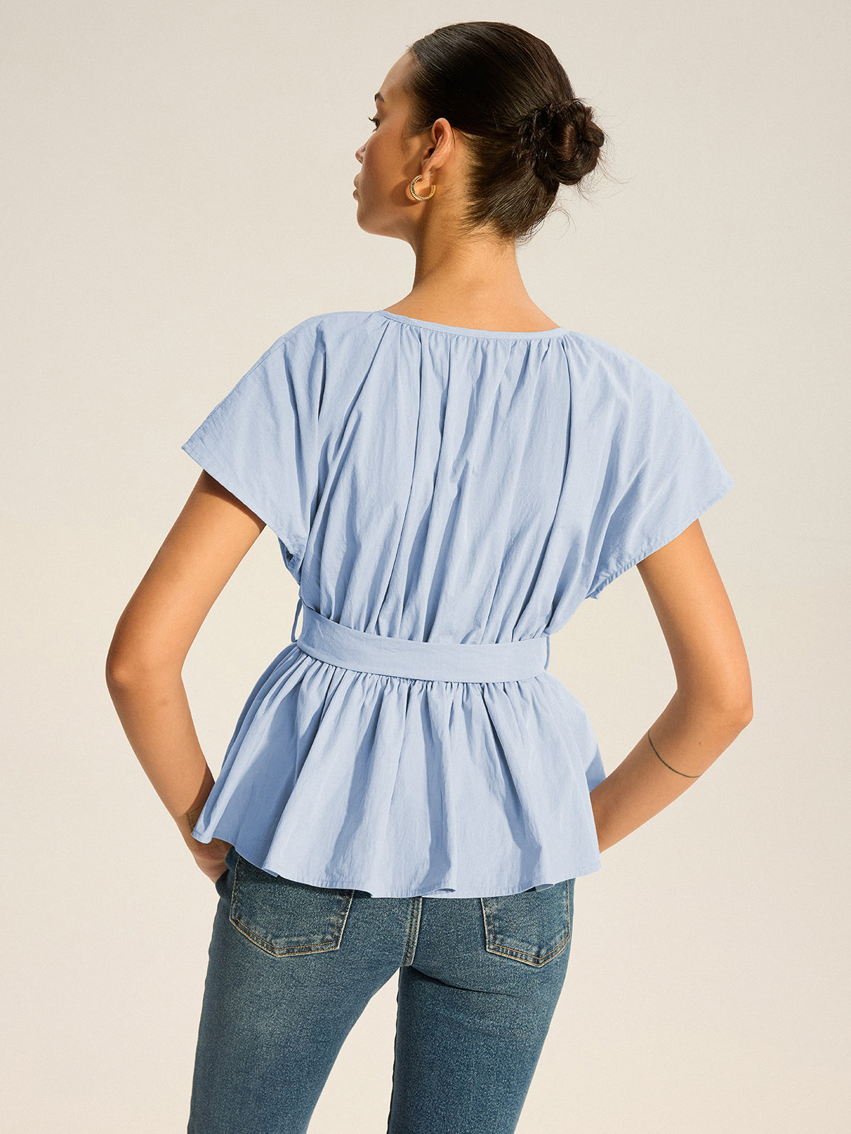 Belted V-Neck Pleated Peplum Top-Massicos