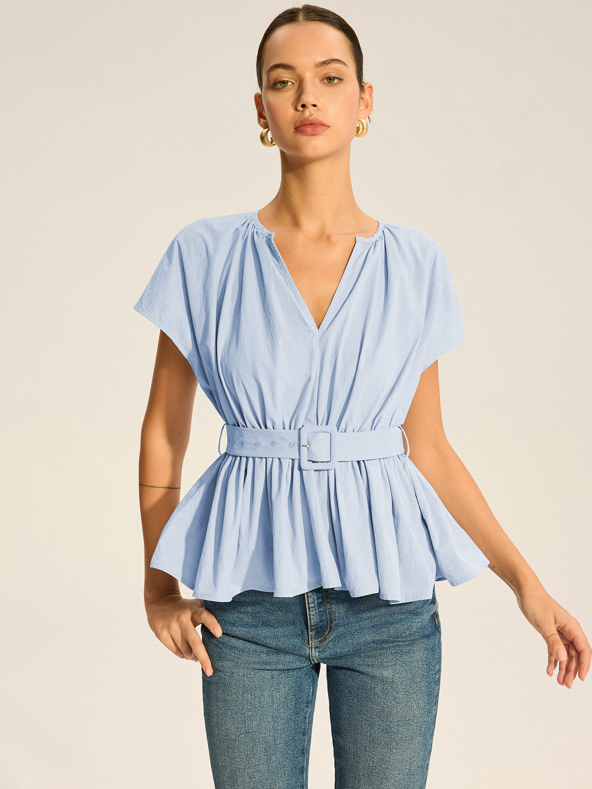 Belted V-Neck Pleated Peplum Top-Massicos