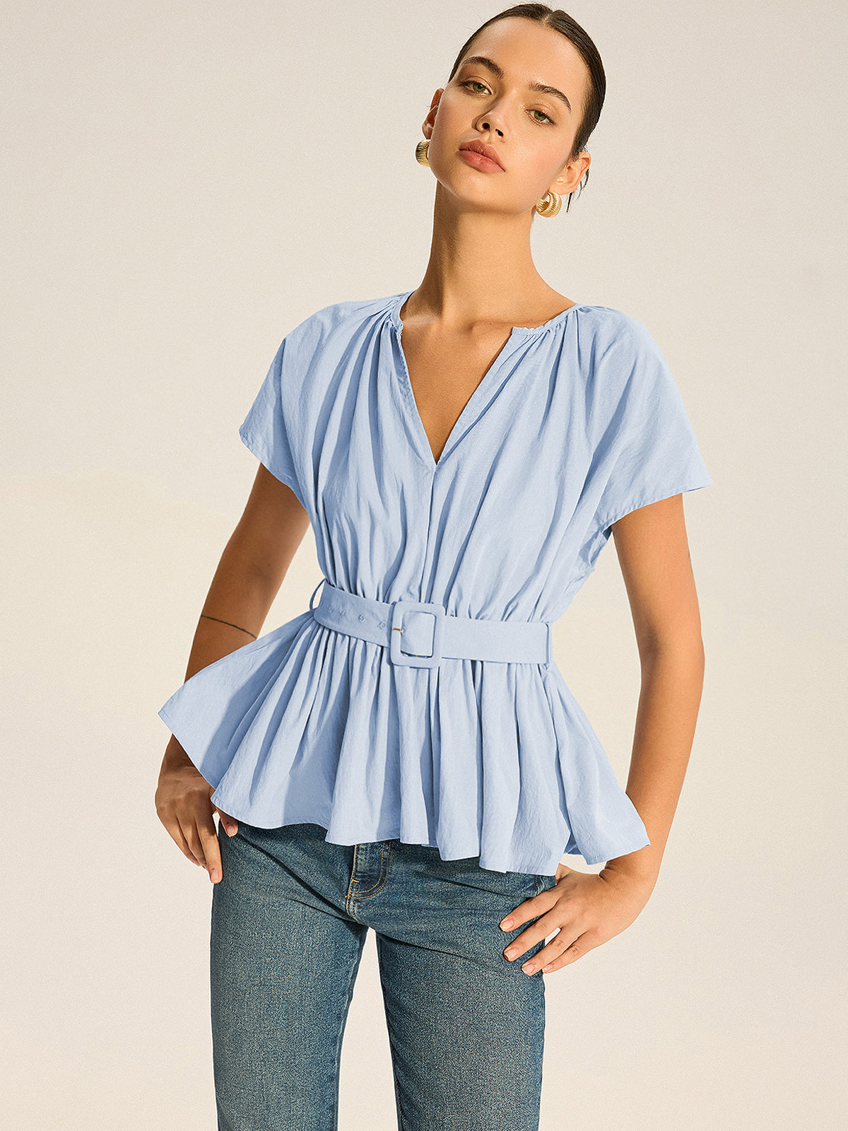 Belted V-Neck Pleated Peplum Top-Massicos