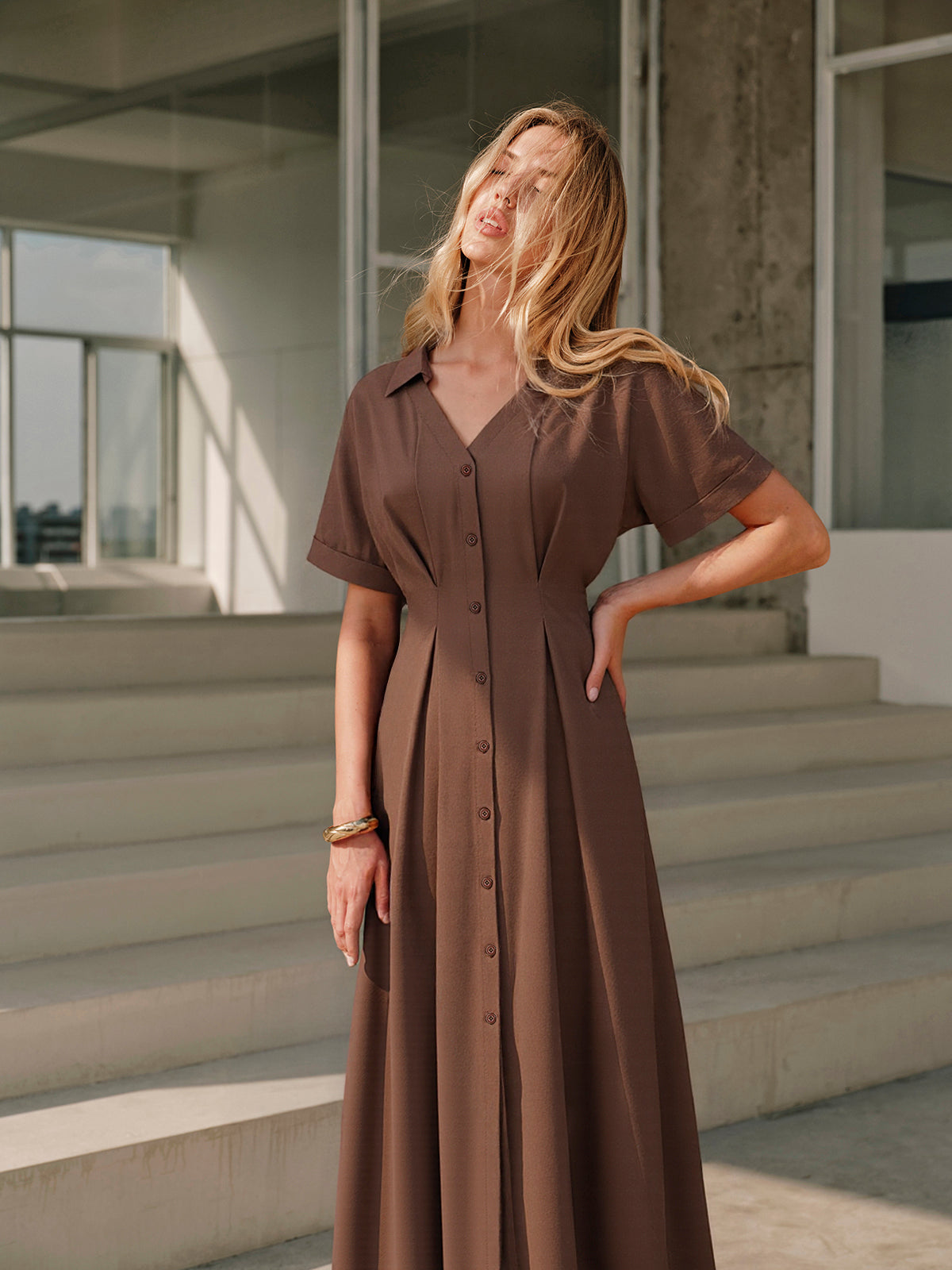 Pleated Button-Front Shirt Dress-Massicos