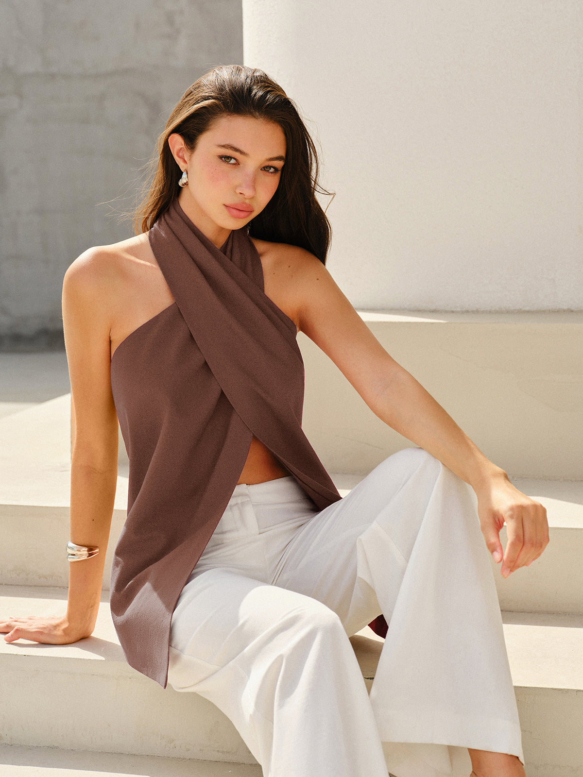 Halter-Style Cross-Neckline Backless Top-Massicos