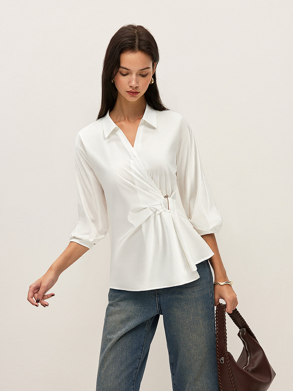 Asymmetric Wrap Shirt with Metal Buckle-Massicos