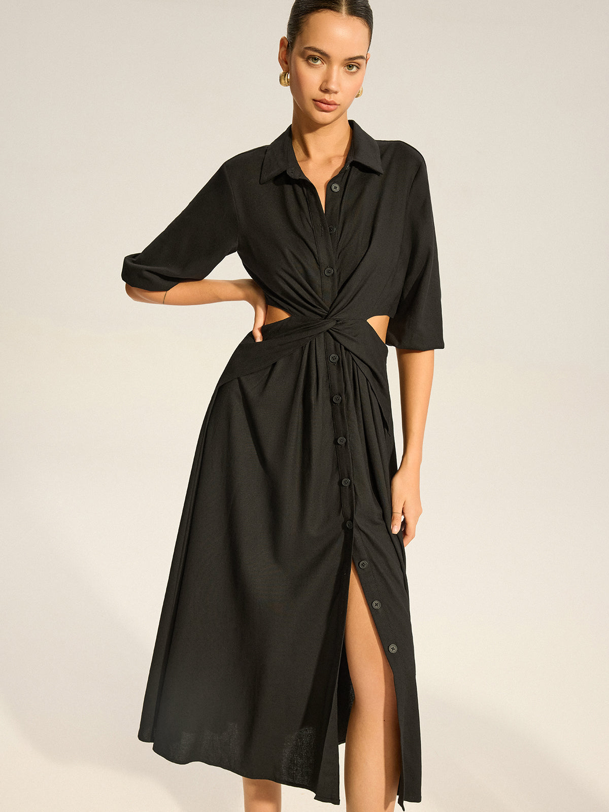 Twist Cut-Out Button Shirt Dress-Massicos