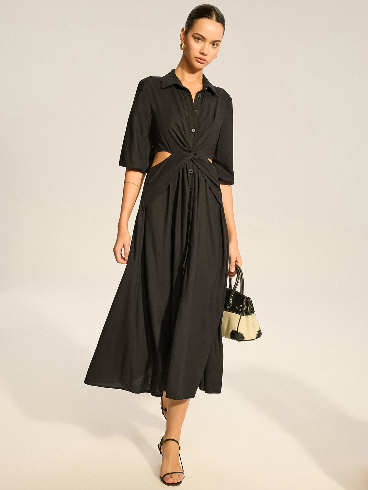 Twist Cut-Out Button Shirt Dress-Massicos