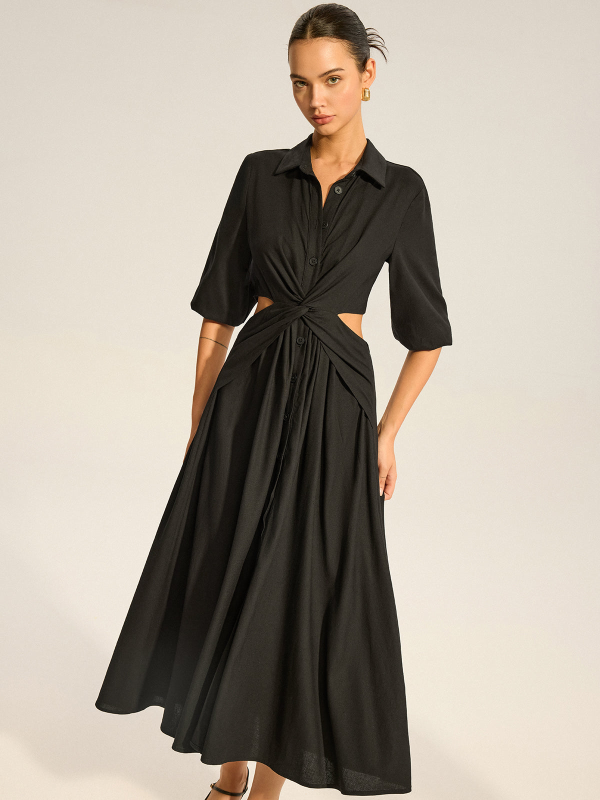 Twist Cut-Out Button Shirt Dress-Massicos