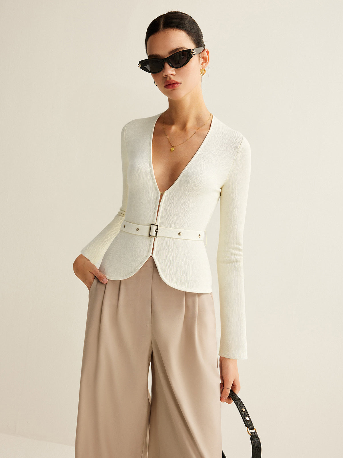 Belted V-Neck Knit Cardigan-Massicos