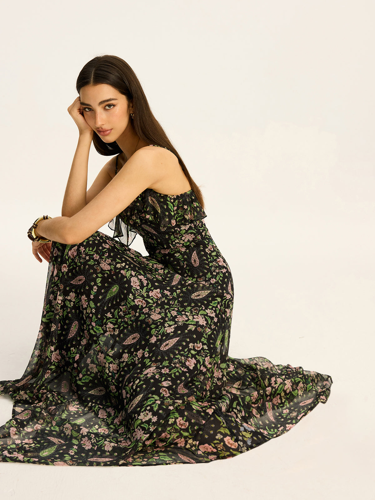 Floral Printed Chiffon Maxi Dress-Massicos