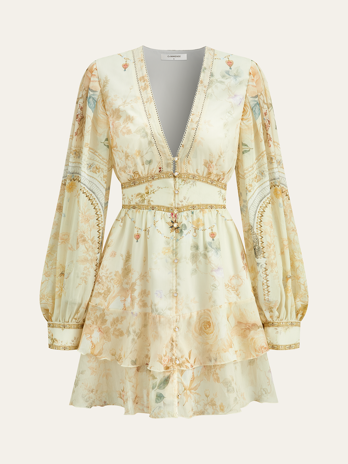 Semi-Sheer Chiffon Floral Printed Ruffled Mini Dress-Massicos