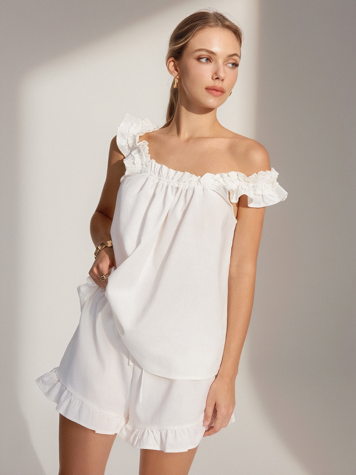 Pure Cotton Ruffle Shorts Set-Massicos