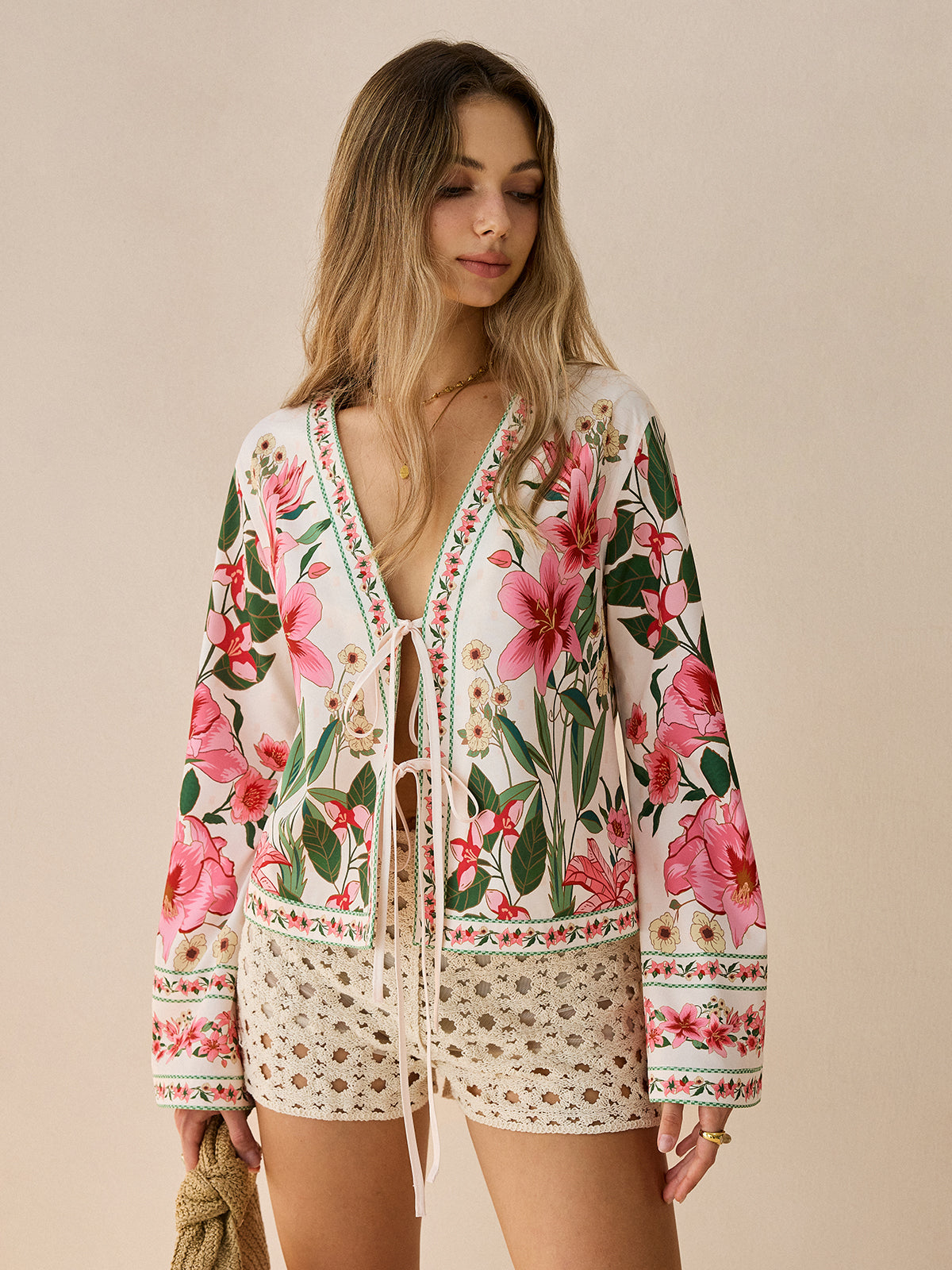 Floral Print Tie-Front Shirt-Massicos