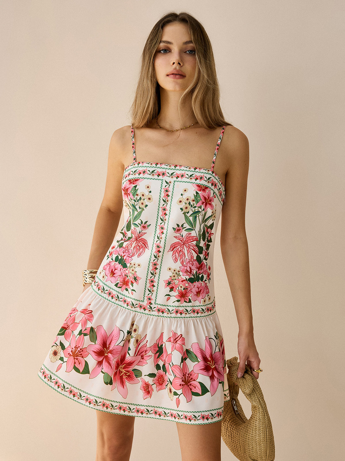 Floral Print Spaghetti Strap Mini Dress-Massicos