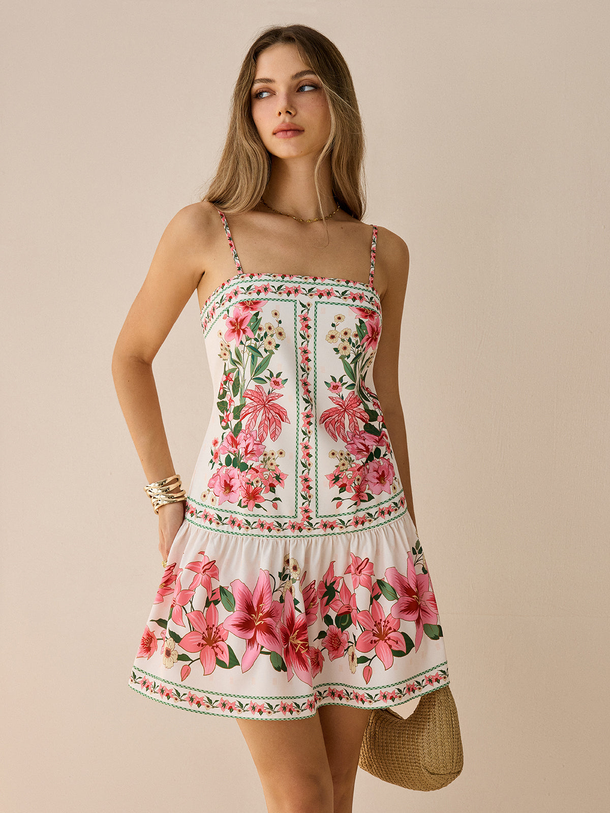Floral Print Spaghetti Strap Mini Dress-Massicos