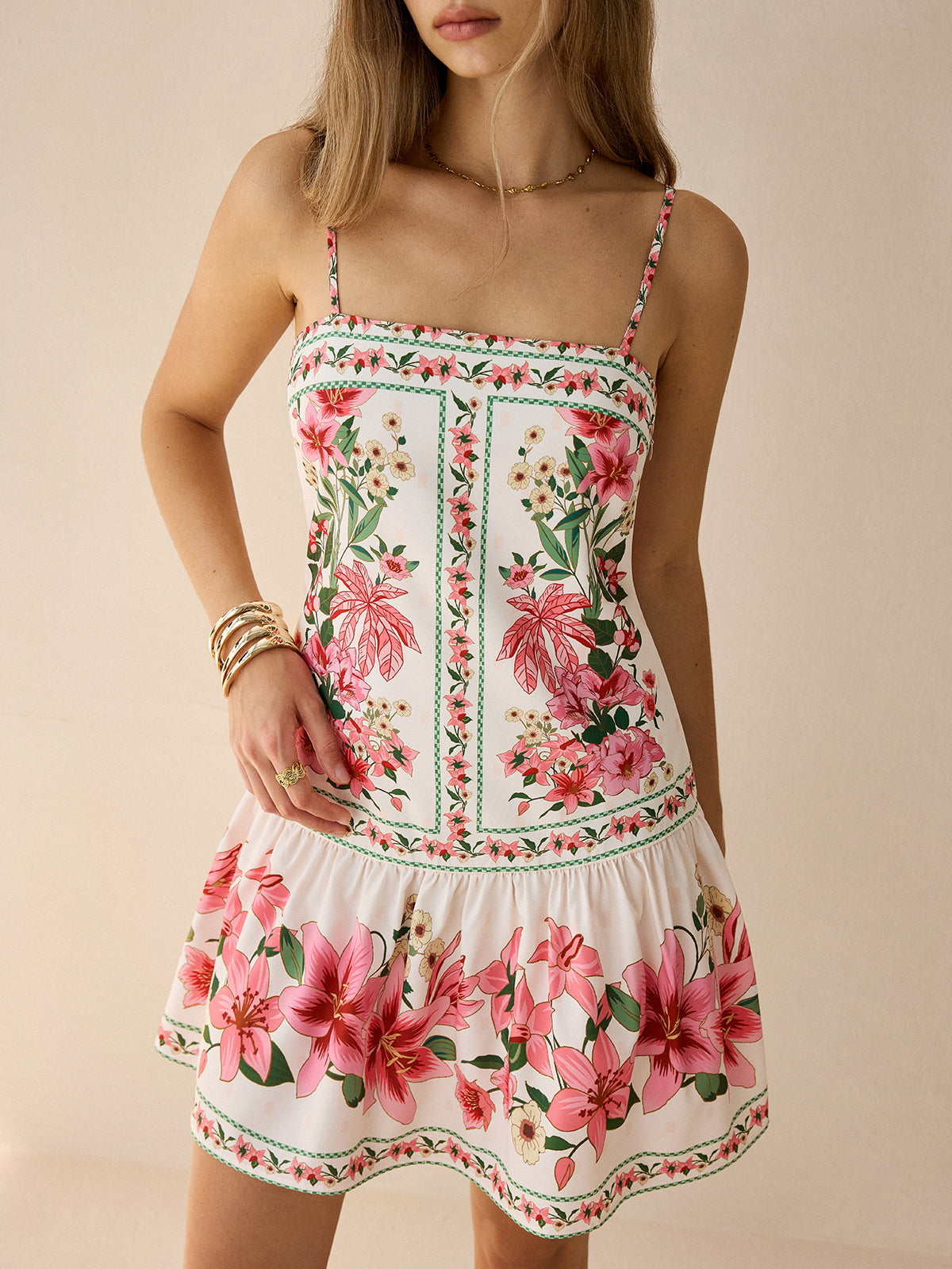 Floral Print Spaghetti Strap Mini Dress-Massicos