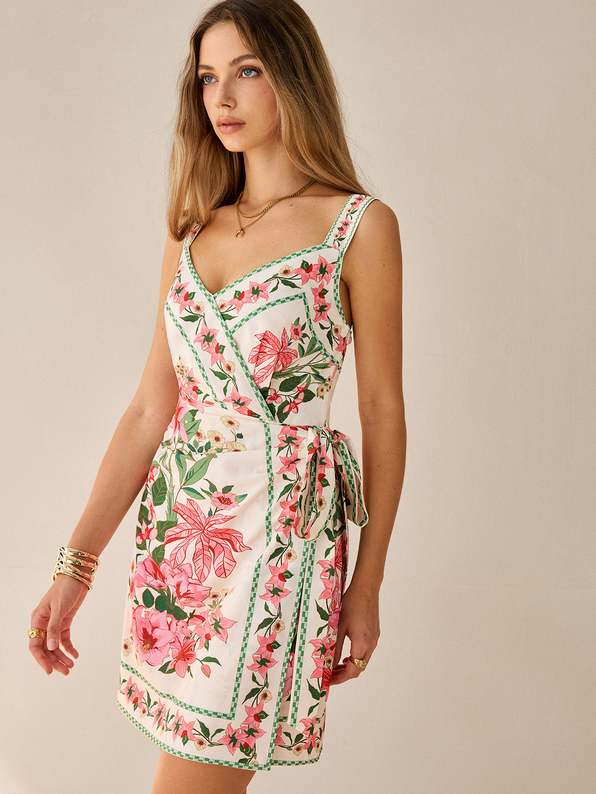 Floral Print Wrap Mini Dress-Massicos