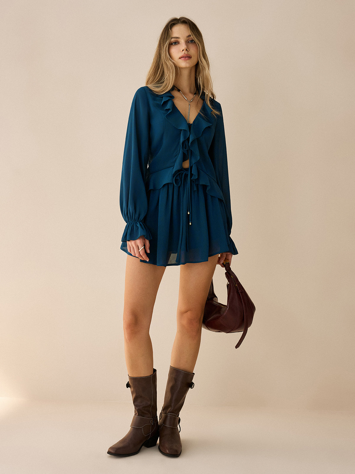 Chiffon Ruffled Long-Sleeve Top and Shorts Set-Massicos