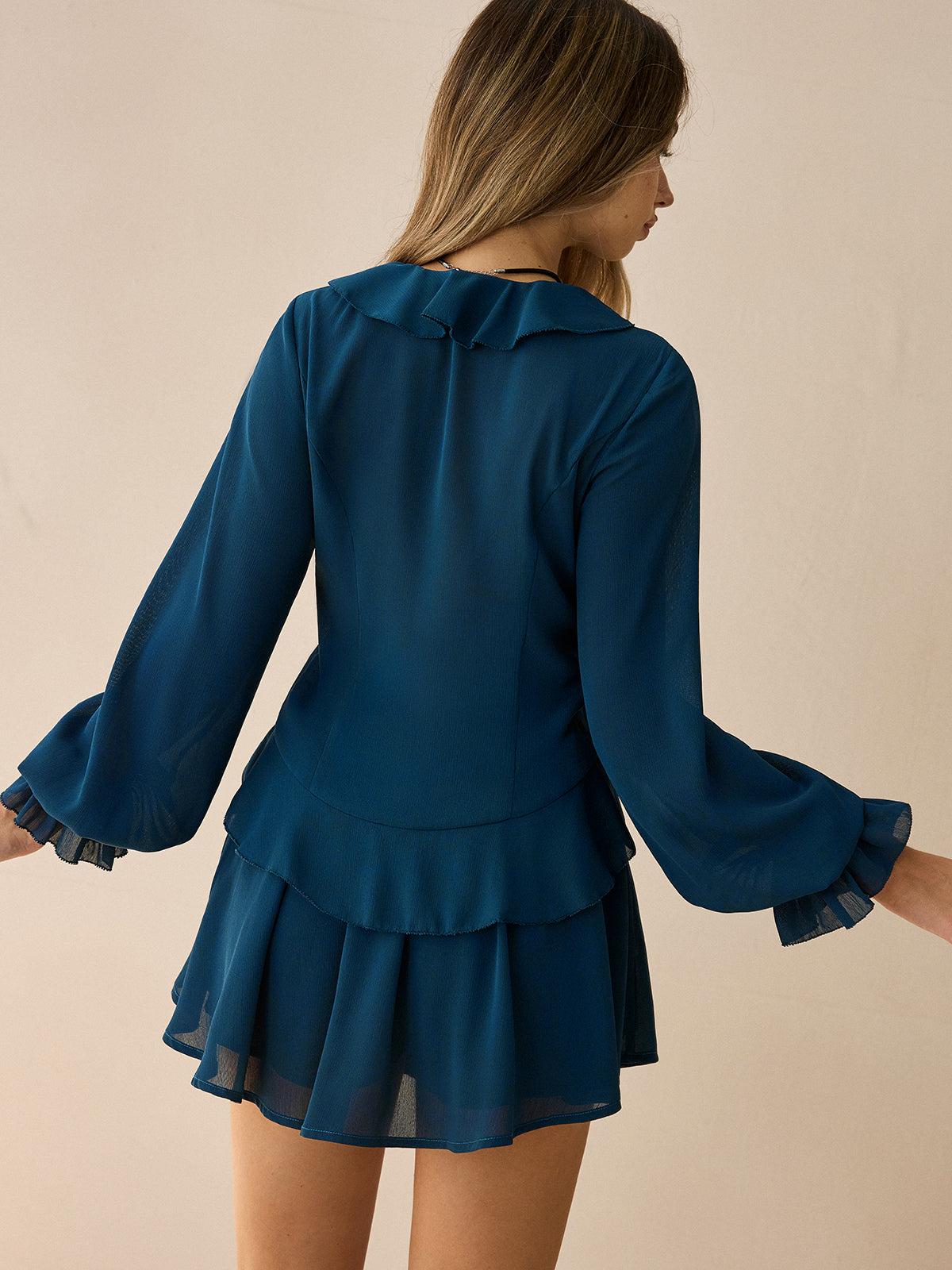 Chiffon Ruffled Long-Sleeve Top and Shorts Set-Massicos