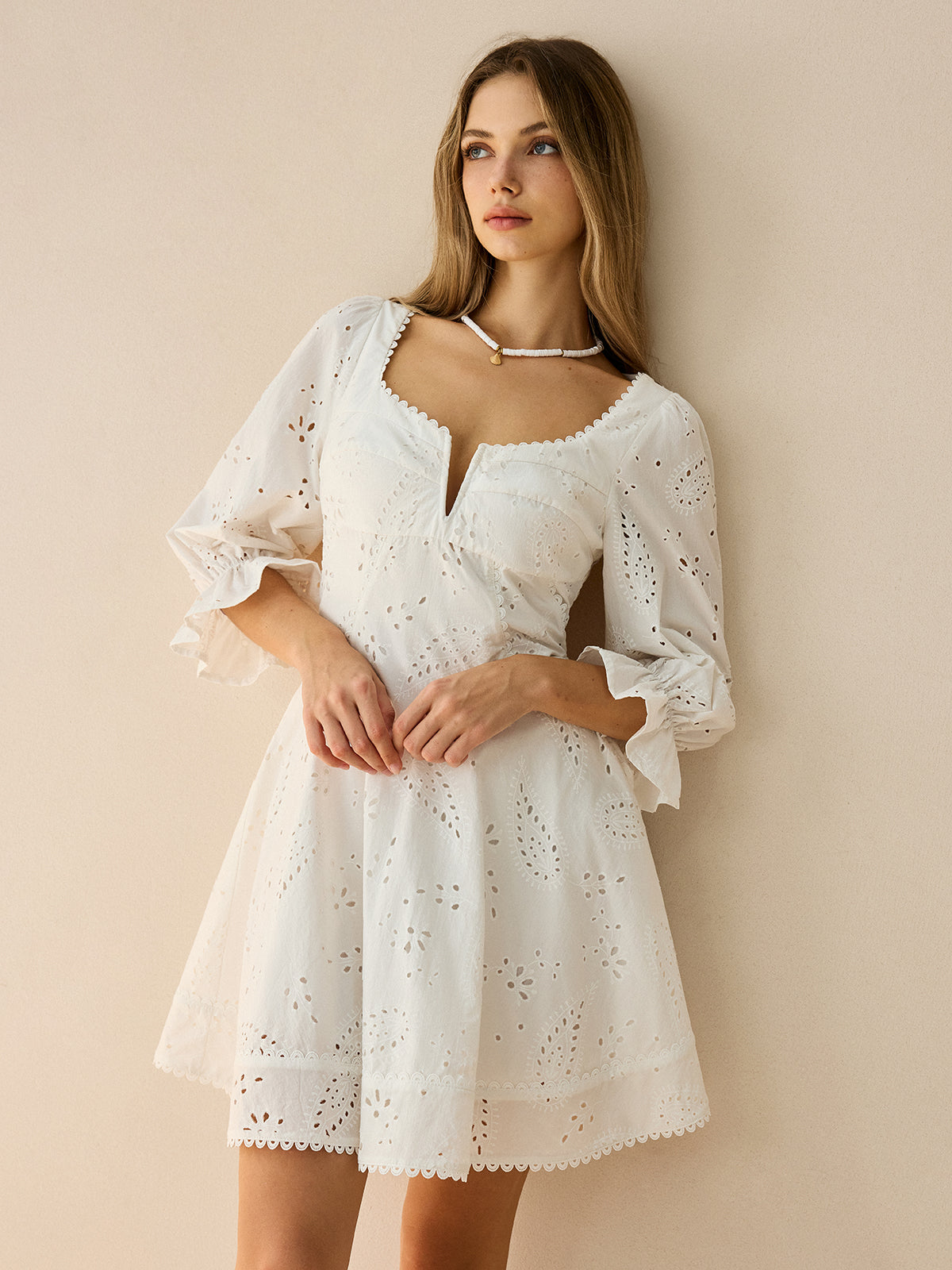 Cotton Scalloped Edge Eyelet Mini Dress-Massicos
