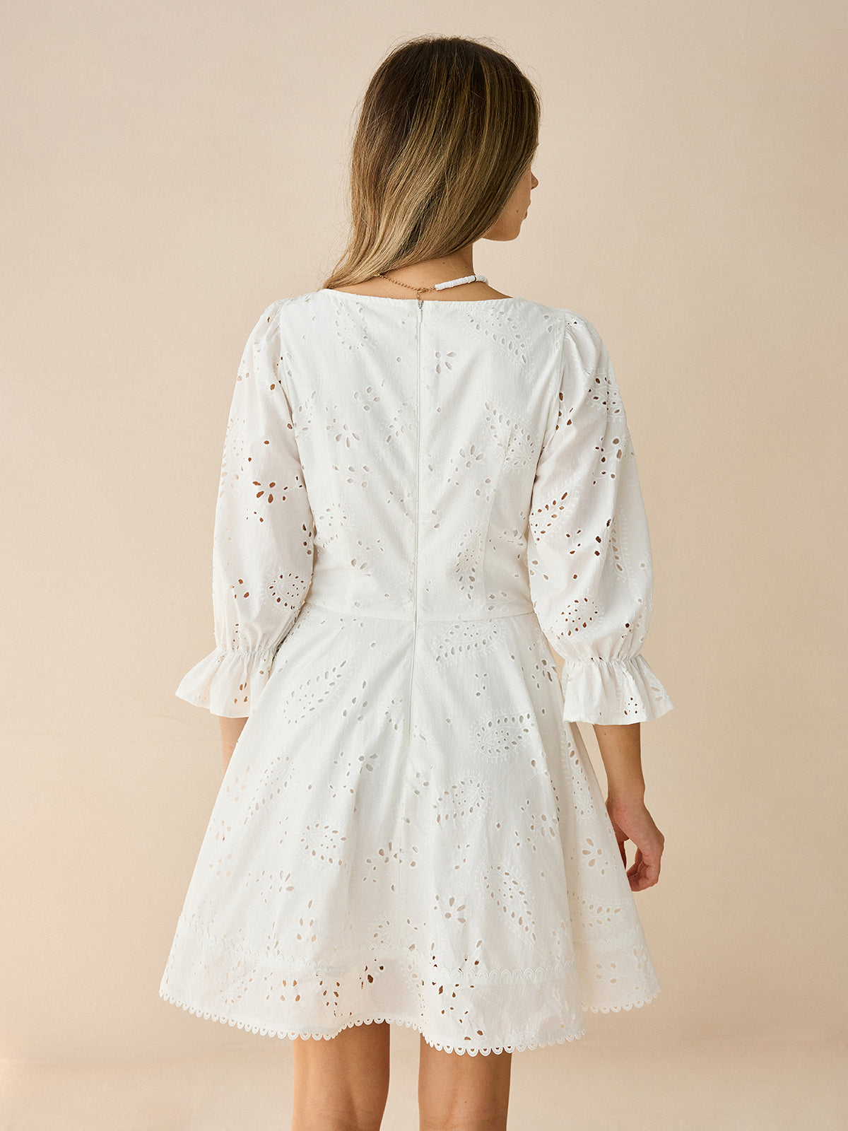 Cotton Scalloped Edge Eyelet Mini Dress-Massicos