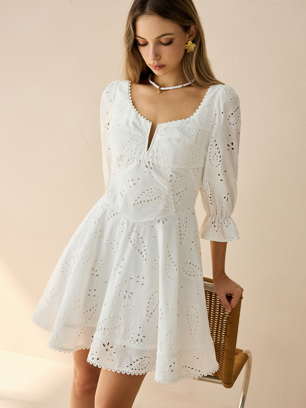Cotton Scalloped Edge Eyelet Mini Dress-Massicos