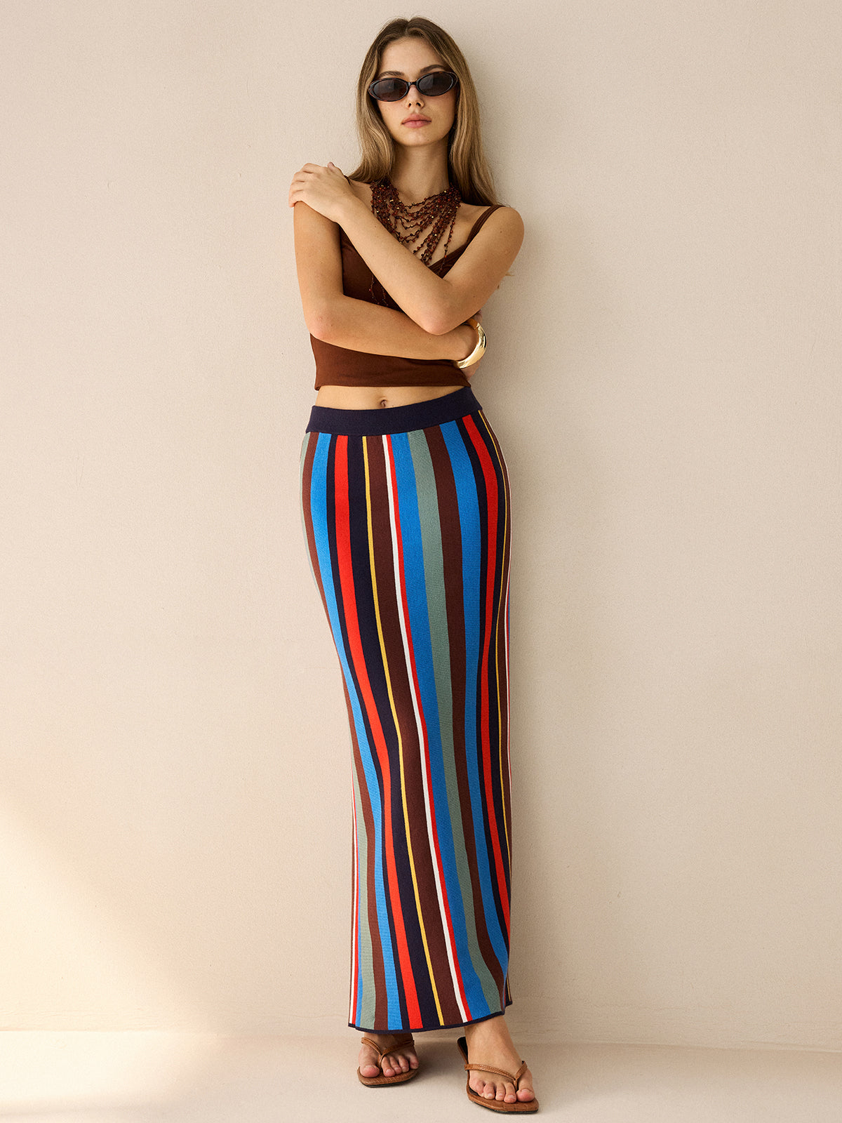 Colorful Striped Knit Maxi Skirt-Massicos