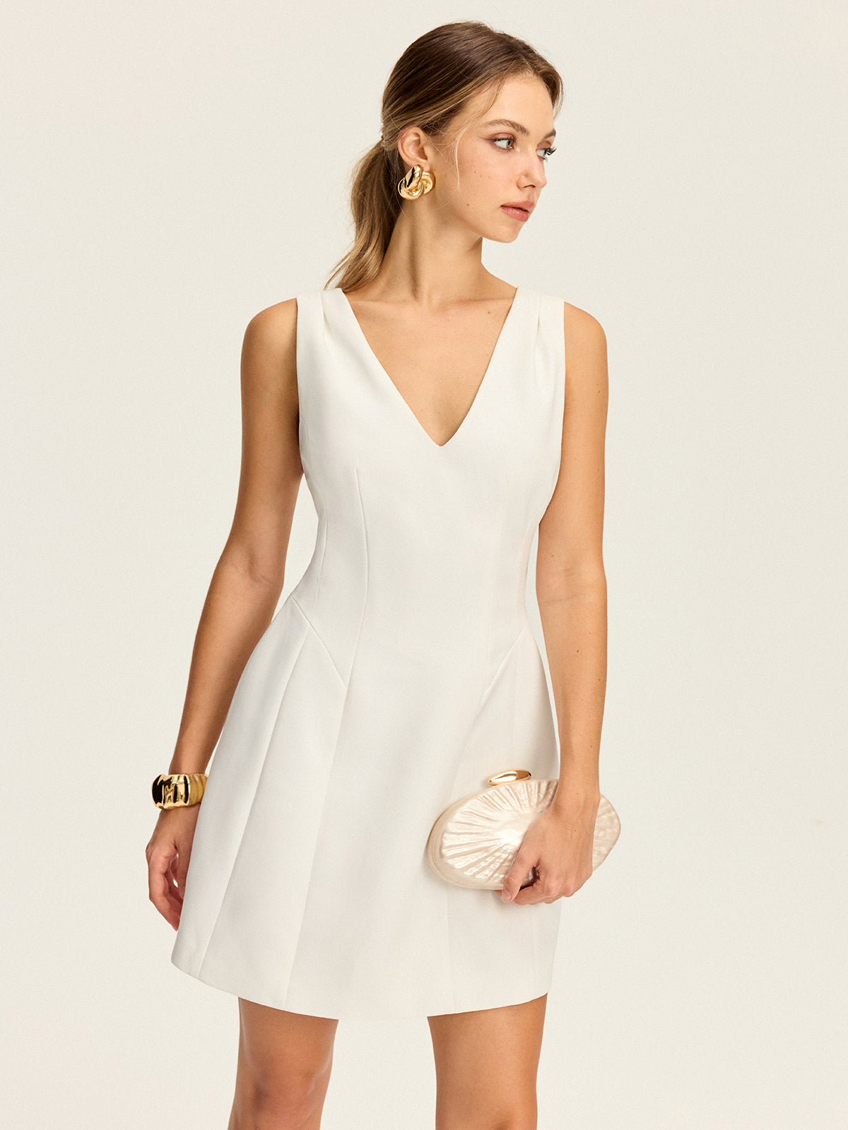 V-Neck Pleated Mini Dress-Massicos