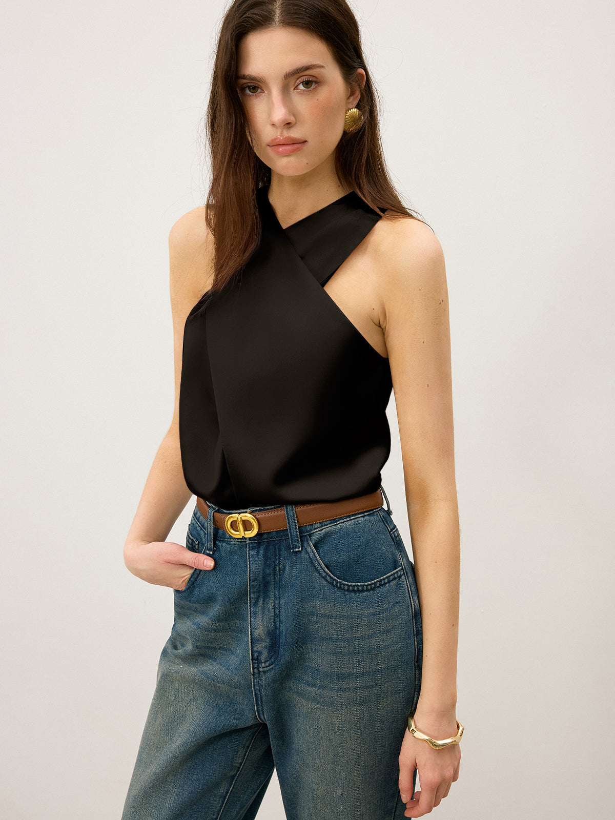 Satin Cross-Over Collar Tank Top-Massicos